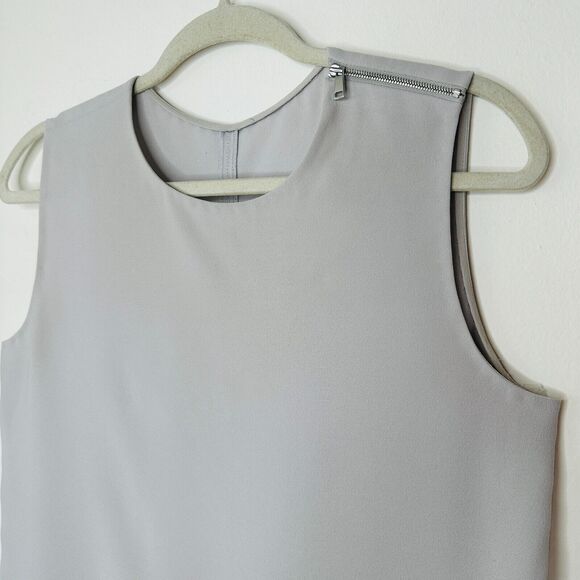 Stone Gray Sleeveless Blouse Shoulder Zip Detail Split Curve Hem Light Weight S - Picture 2 of 9